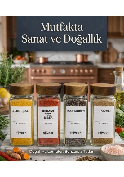 Bambu Kapaklı Standlı 4'lü Cam Baharatlık Seti 120 Ml Kare Tasarımlı Ahşap - Şeffaf