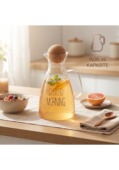 Zvnm Yuvarlak Mantar Kapaklı Sürahi - 1500 Ml - Yüksek Kaliteli Cam Zcv12
