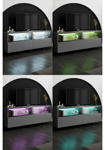 Ekol Siyah Demir Ayaklı Rgb Led Işık Sistemli Antrasit Tv Ünitesi Tv Sehpası Antrasit - Siyah