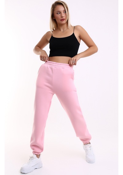 Winmoda34 Kadın Üç İplik İçi Şardonlu Polarlı Eşofman Altı Jogger Rahat Kalıp Pembe