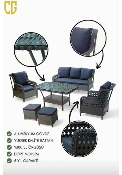 Hera Raddan 3+1+1 Puflu Oturma Grubu Balkon Teras Bahçe Mobilyası 7 Kişilik El Örgüsü Raddan Takım Antrasit