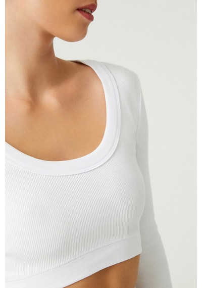 Los Ojos X Melodi Beyaz Pamuklu Fitilli Uzun Kollu Crop Spor Bluz Long Sleeve Beyaz