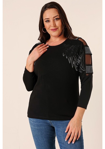 By Saygı Önü Taş Kanat Baskılı Kol Dekolteli Büyük Beden Çilek Bluz-35311-siyah Siyah
