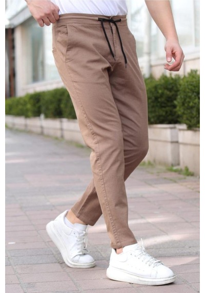 Tarz Cool Erkek Eganis Ipli Jogger Düğmeli Kumaş Pantolon Kahverengi