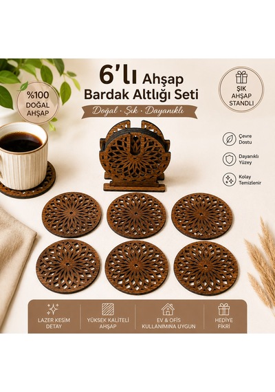 6'lı Mdf Ceviz Desenli Bardak Altlığı