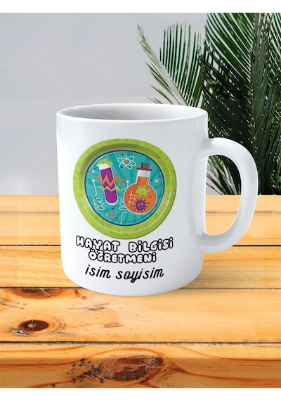Hayat Bilgisi Öğretmeni Baskılı Kupa Bardak İsimli Kişiye Özel Yeşil Daire Tüp Çok Renkli