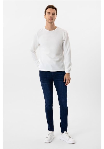 Süvari Beyaz Slim Armürlü Bisiklet Yaka Sweatshirt Beyaz