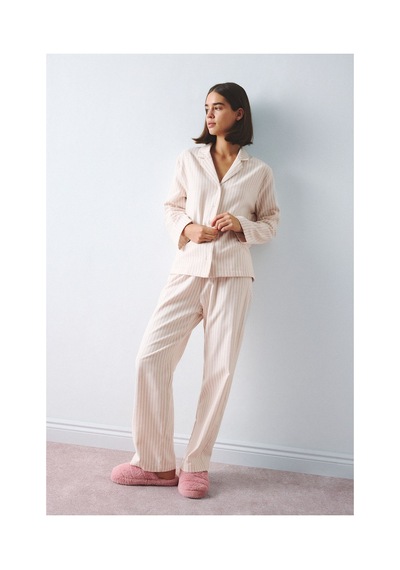 Defacto Regular Fit Uzun Kollu Çizgili 2li Flanel Pijama Takım H4616ax26auer105 Ekru-er105