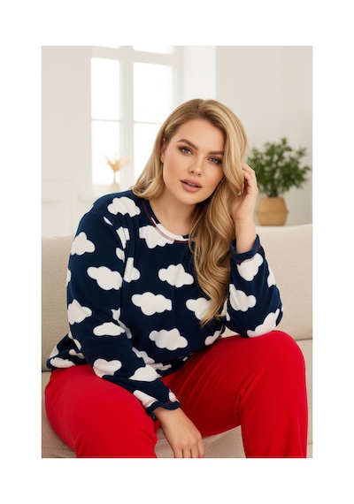 Siyah İnci Bulut Desenli Büyük Beden Polar Kışlık Örme Pijama Takım Lacivert-kirmizi