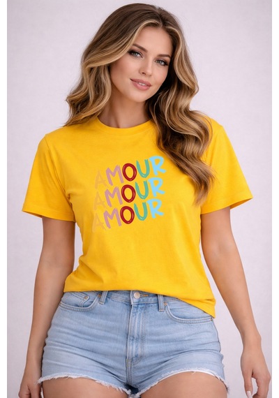 Herkesemoda Amour Baskı Detaylı Basic T-shirt Sarı