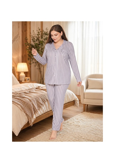 Alperi Büyük Beden Kadın Boydan Düğmeli Çizgili Mevsimlik Pijama Takım B790-45 Gri