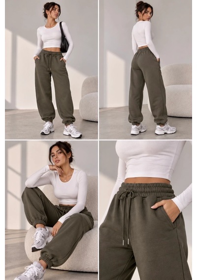 Bbbutikbasic Kadın İçi Polar Şardonlu 3 İplik Kalın Jogger Eşofman Altı My3535 Haki