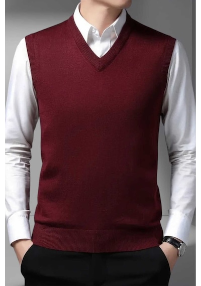 Tezzgelsin Erkek V Yaka Triko Tüylenmez Süveter Erkek Slim Fit Süveter Bordo