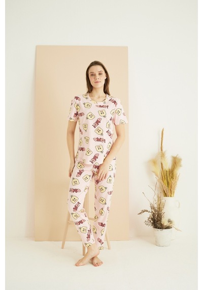 Siyah İnci Pamuklu Bisiklet Yaka Örme Pijama Takım25107155 Pembe