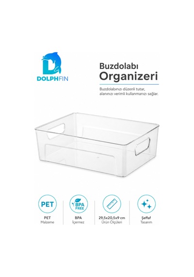 Şeffaf Pet Buzdolabı Organizeri Büyük Kulplu Düzenleyici Kutu 29,5x20,5x9 Cm