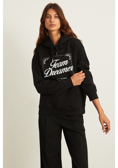 Grimelange Sabine Kadın Baskı Detaylı İçi Polarlı Kapüşonlu Kanguru Cepli Relaxed Fit Siyah Sweatshirt