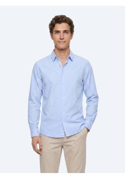 Kip Mavi Çizgili Regular Fit Uzun Dokuma Casual %100 Pamuk Gömlek