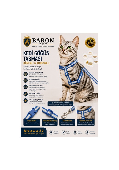 Kedi Göğüs Tasması Ve Gezdirme Kayışı Seti Saks Mavisi Reflektörlü Ayarlanabilir