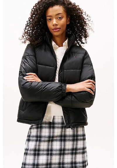 Tommy Hilfiger Kadın Gizli Kapüşonlu Crop Şişme Mont - Siyah Triple Black