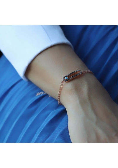 Siyah Zirkon Taşlı Nazar Boncuklu Rose Gold Kaplama Gümüş Bileklik Gümüş