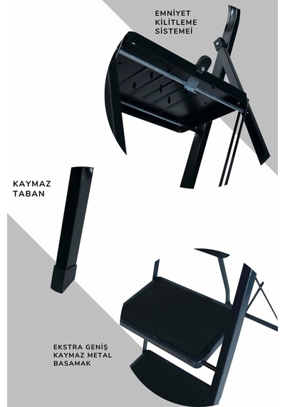 Minitower 2 Basamaklı Metal Merdiven - Ekstra Güçlü Siyah