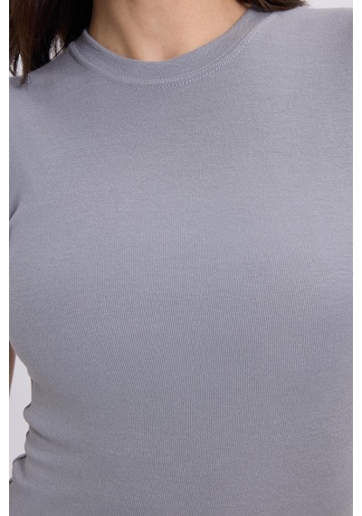 Tudors Kadın Slim Fit Dar Kesim Bisiklet Yaka Viskon Kumaş Ultra Soft Gri Tişört-34856 Gri