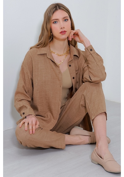 Bigdart Kadın Camel Oversize Keten Alt Üst Takım 6622 6622bgd19-278-14415 001