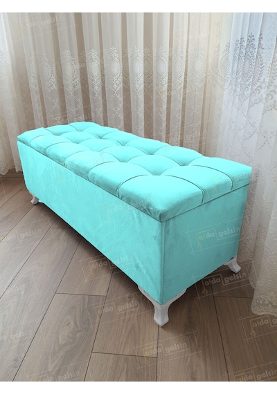 Çizgi Kapitoneli Sandıklı Puf 110 Cm Beyaz Ayak Turkuaz