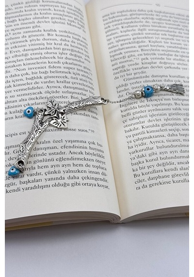El Yapımı Cam Nazar Boncuğu Metal Yapraklı Dal Kitap Ayracı, Hedi