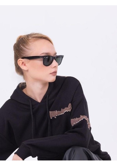 Kız Çocuk Kapüşonlu Punch İşlemeli Şardonlu Kapüşonlu Sweatshirt-13457-siyah Siyah