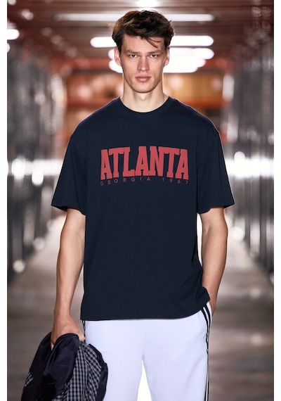 Grimelange Grımelange Atlanta Erkek %100 Pamuklu Kısa Kollu Baskı Detaylı Lacivert T-shirt