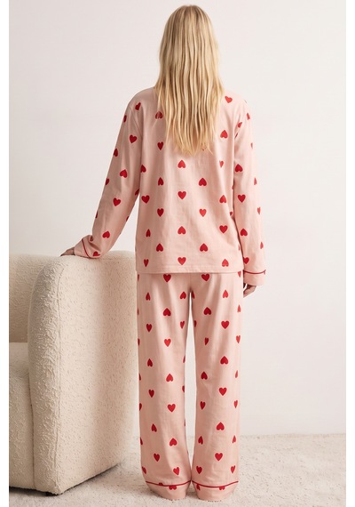Siyah İnci Düğmeli Biyeli Oversize Pamuklu Örme Pijama Takım 8071 Somon