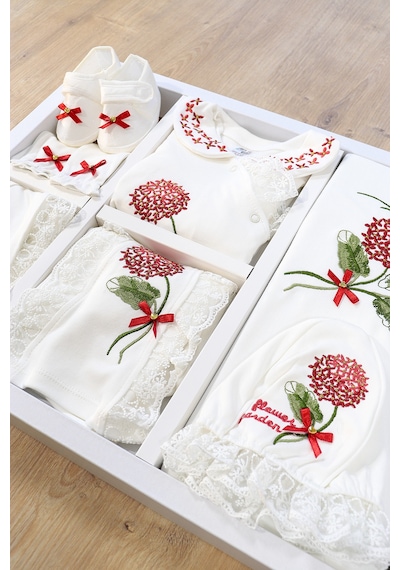 Sitilin Kız Bebek Ortanca Natural 10 Lu Hastane Çıkışı Kanaviçe Çiçek Desen Stl4576 Kırmızı