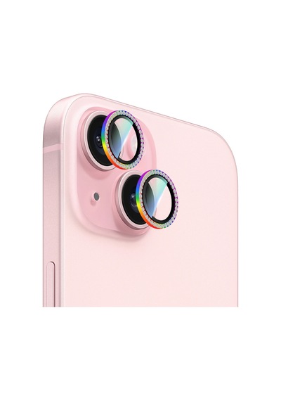 Apple iPhone 15 Uyumlu Caseworld Alloy Sparkling Diamond Serisi Taşlı Lens Koruyucu Colorful