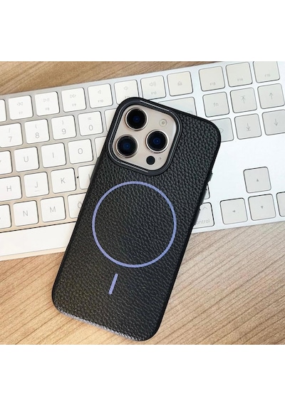 Apple Uyumlu iPhone 15 Pro Max Beats Magsafe Deri Görünümlü Silikon Kılıf Kapak Siyah