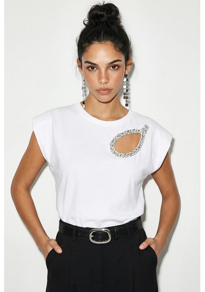 Shade Kadın Taş İşlemeli Vatkalı Omuz Detaylı Pamuk T-shirt 1075 60286066 - Beyaz L