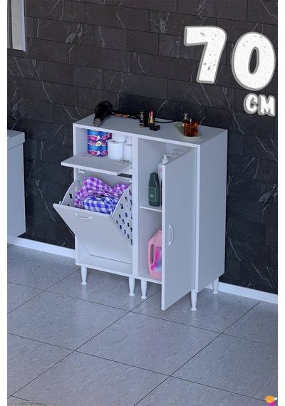 Lina 70 Cm Çok Amaçlı Banyo Dolabı Ve Çamaşır Sepetli Düzenleyici Beyaz 35+35 X97x32 Cm