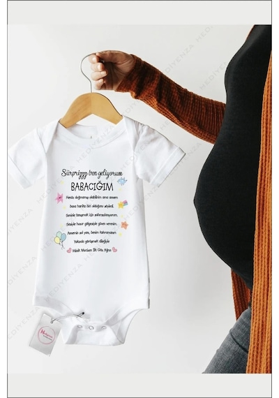 Hediyenza Sürpriz Ben Geliyorum Babacığım Özel Tasarım Bebek Zıbın Pamuklu Çıtçıtlı Body Beyaz