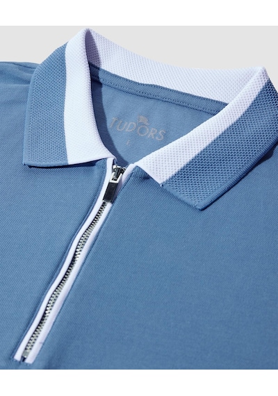 Tudors Erkek Slim Fit Dar Kesim %100 Pamuk Düz Pike Fermuarlı Mavi Polo Yaka Tişört-31112-mavi Mavi