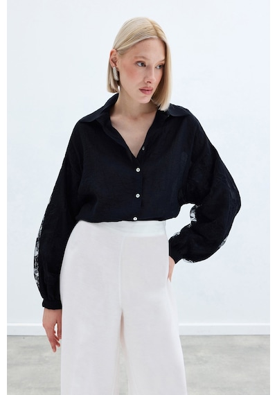 Sateen Nakış Detaylı Kraşlı Gömlek - Siyah-136254 Siyah