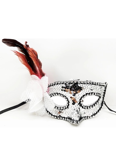 Gümüş Renk Yandan Tüylü Güllü Gümüş Taşlı Pullu Maske 20x22 Cm +0