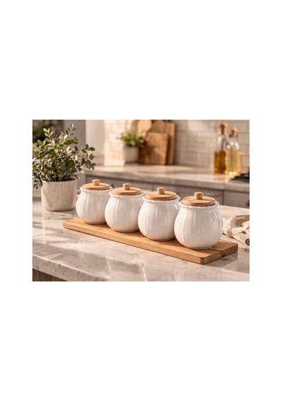 4 Lü Bambu Standlı Porselen Baharatlık Set Baharat Saklama Kavanoz Takımı Diğer