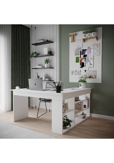 Robinhome Robin Home Martin Kitaplık Raflı Çalışma Masası L Ofis Masası Bey Beyaz
