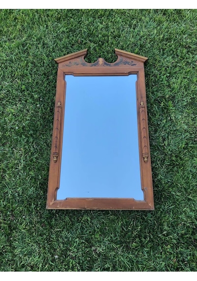 Vintage Ahşap Çerçeveli Oyma Desenli Boy Aynası 53x97cm Eksikli - Kahverengi