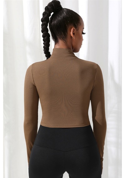 Fantezia Night Kadın Kahverengi Uzun Kol Fermuarlı Parmak Geçme Detaylı Dik Yaka Crop Top Bluz