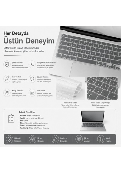 Macbook Pro 14.2 İnç M1 M2 M3 M4 M5 A2442 A2992 A2918 Uyumlu Şeffaf Türkçe Q Klavye Koruyucu Silikon Diğer