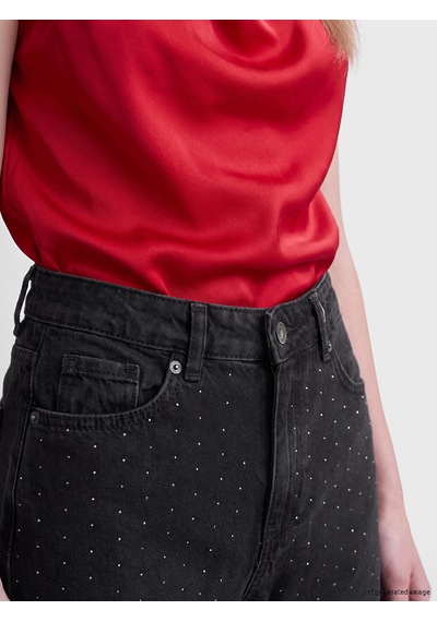 Lcw Jeans Siyah Straight Fit Taşlı Kadın Jean Pantolon