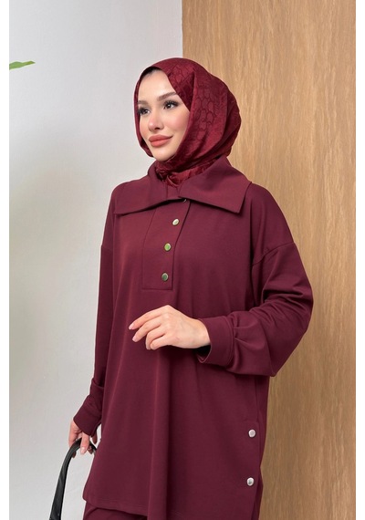 Mihran Butik Soho Elegance Yaka Detaylı Kadın Tesettür Alt Üst Takım Bordo