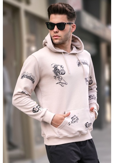 Madmext Bej Baskılı Kapüşonlu Sweatshirt 5895 Bej