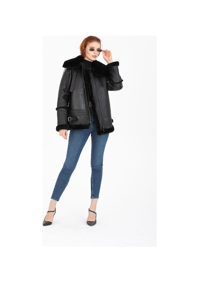 M M Marki Marki Kadın Siyah Vintage Deri Mont, Siyah Kürklü, Balıkçı Yaka, Oversize Model - 105222